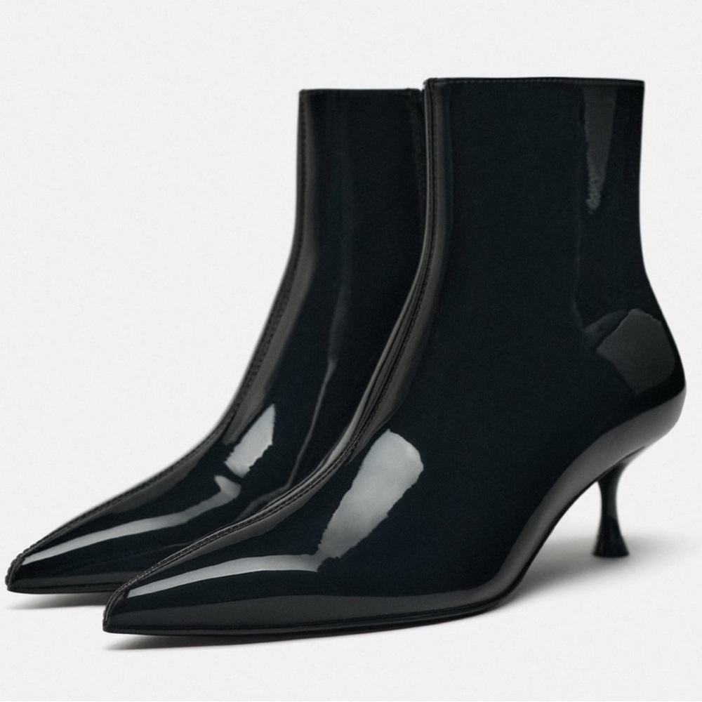 ZARA black patent kitten heeled boots